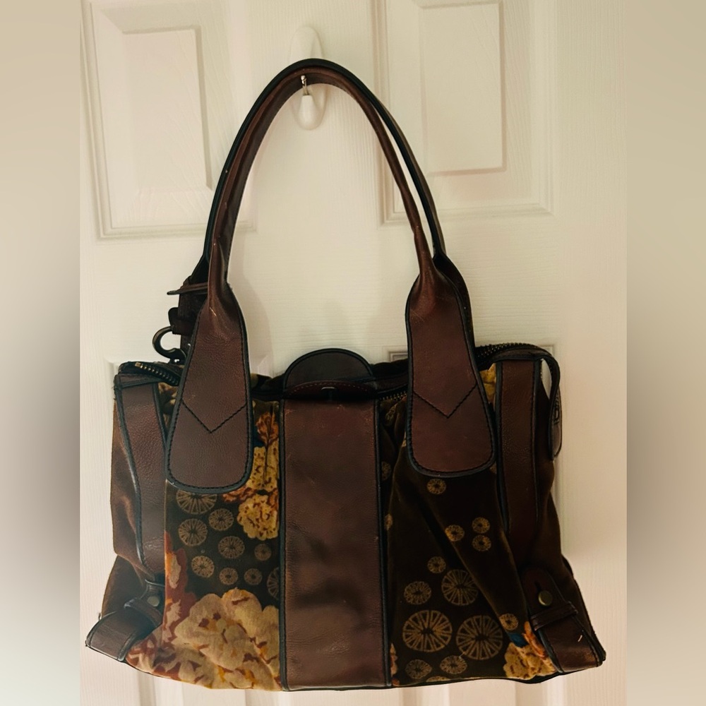 Fossil Vintage Revival Green Floral Velvet Top Zip Satchel